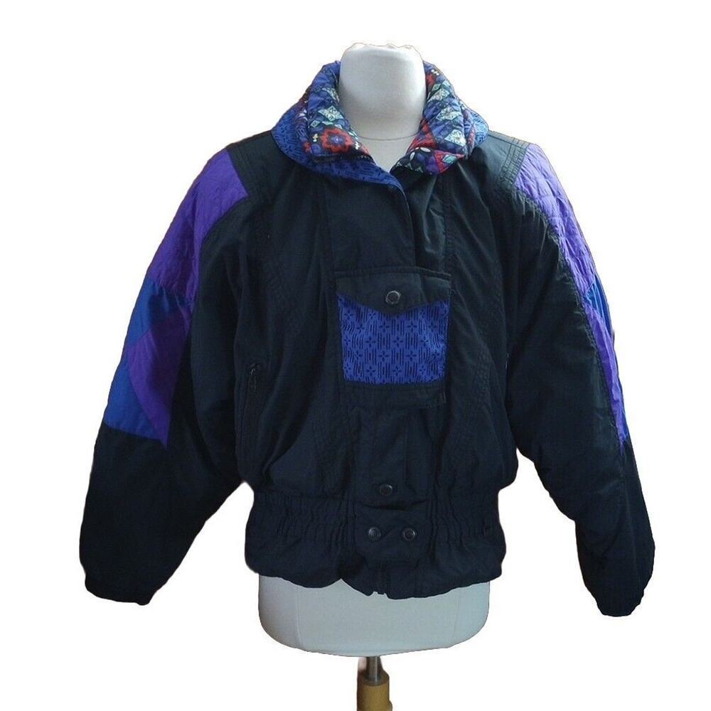 Edelweiss Ski Coat VTG 90s Women Sz L Embroidered Black Puffer‎ Jacket